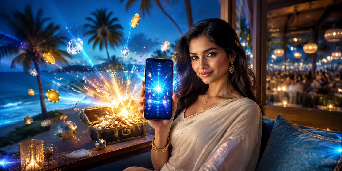 Joyful Indian girl celebrating festival with mobile deposit bonus in Goa