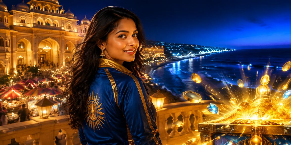 Spectacular cricket betting event with blue and gold lighting in India